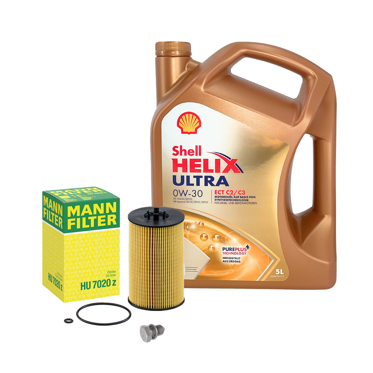 Ölwechselset MANN 7020 Z Ölfilter 5L Shell Helix Ultra ECT C2 C3 0W30 Schraube