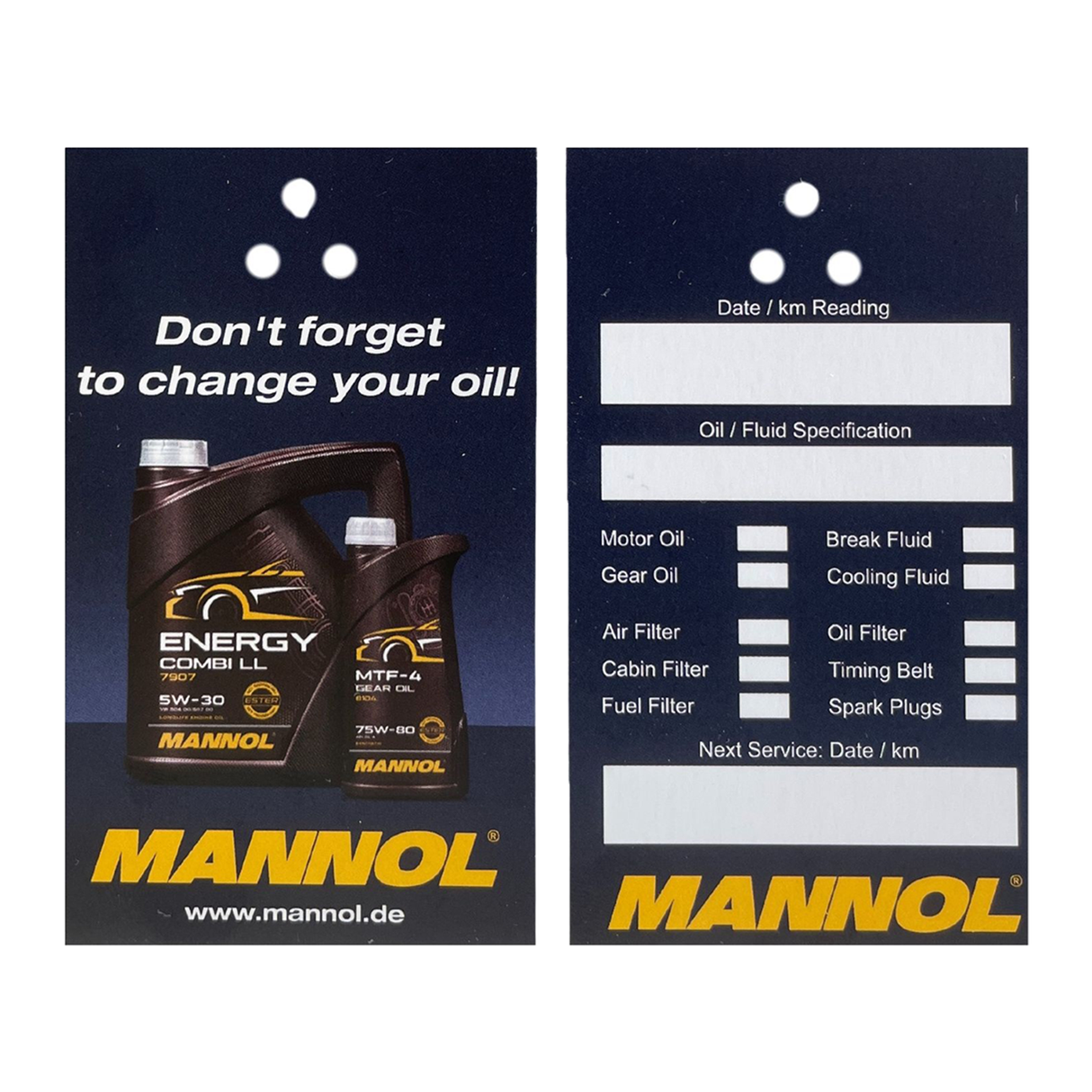 Mannol Oil Change Label (Ölwechselanhänger) 100 Stück